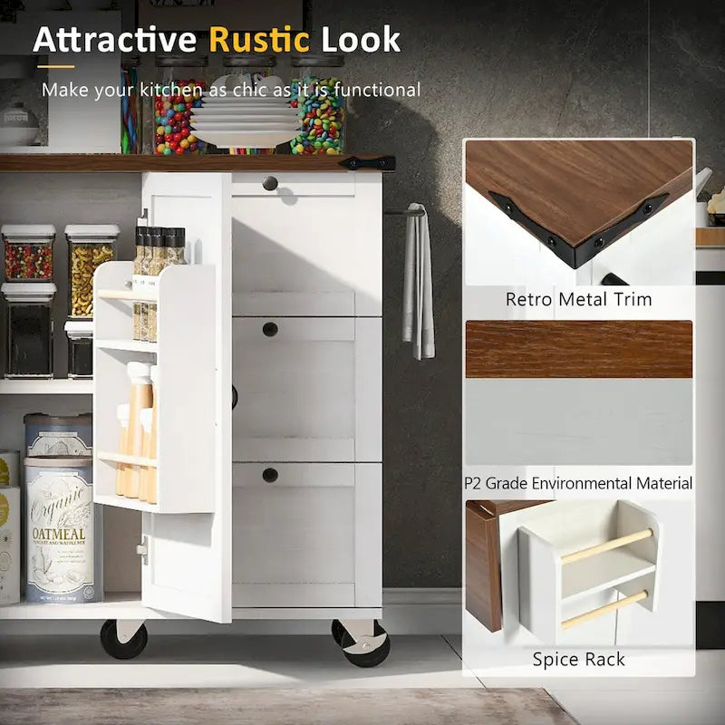 54.5 Farmhouse Kitchen Island with Power Outlet, Internal Storage Rack, Drop-Leaf Tabletop, Spice Rack, Rolling Cart On Wheels