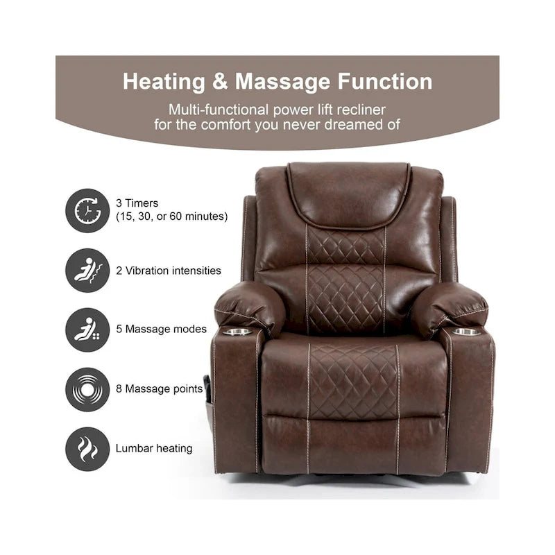 Power Lift Recliner Chair PU Leather with Massage and Heating Reclining Chair for Elderly