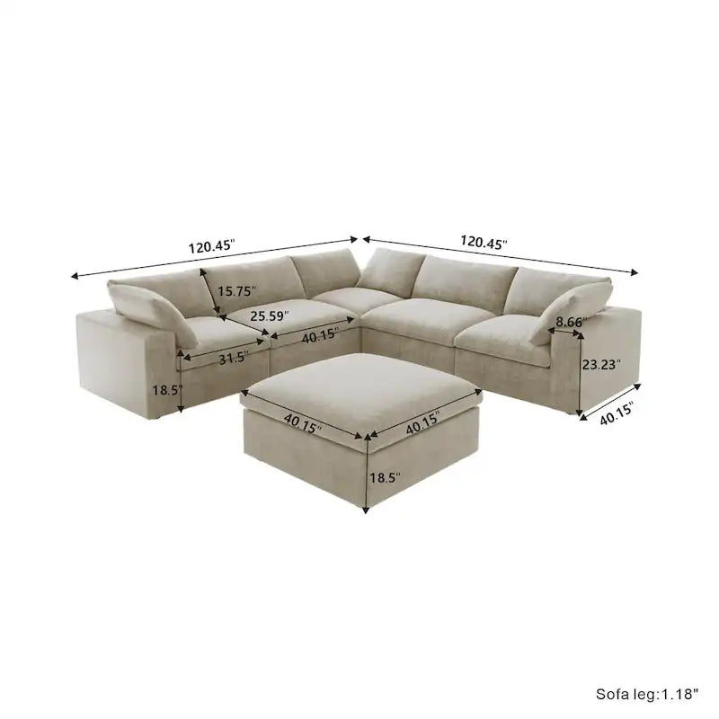 Cloud Modular Sectional Sofa, 6 Seater Corner Sofa with Pillows and Ottoman