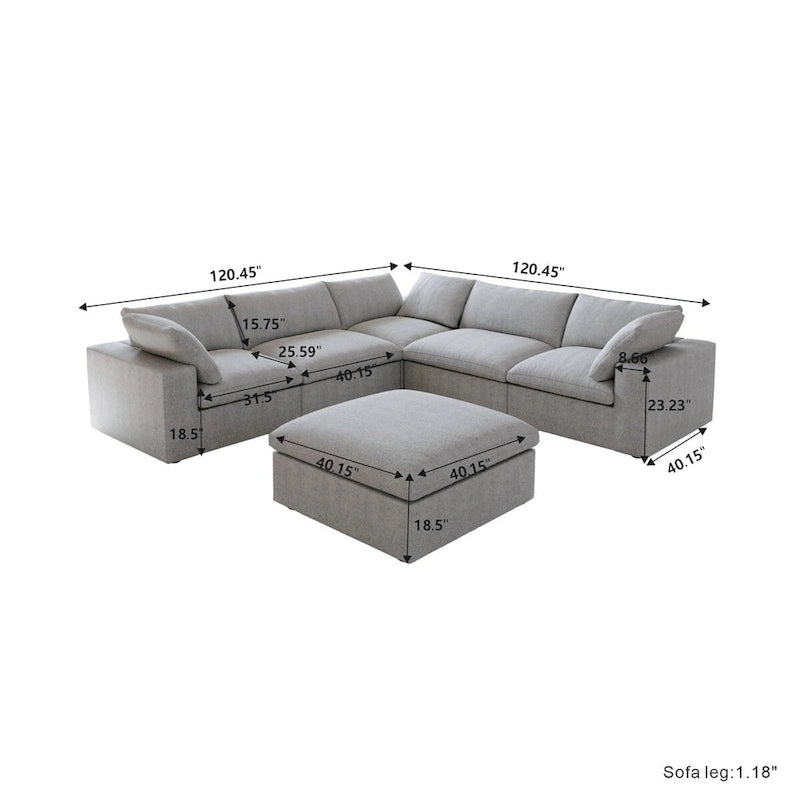 Cloud Modular Sectional Sofa, 6 Seater Corner Sofa with Pillows and Ottoman