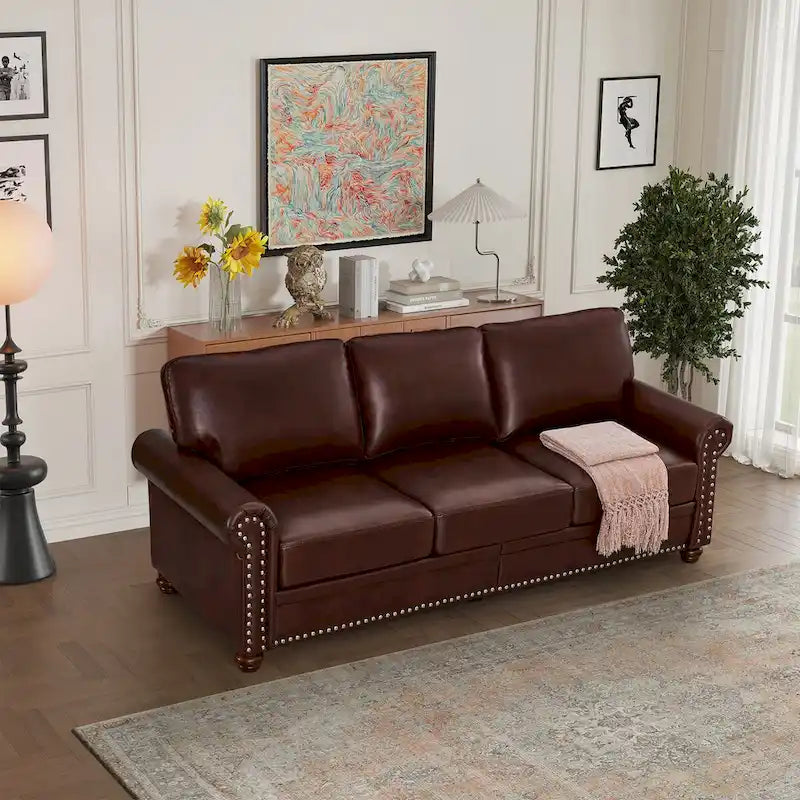 Classic Living Room Nails Sofa Faux Leather for Living Room, Office, Apartment