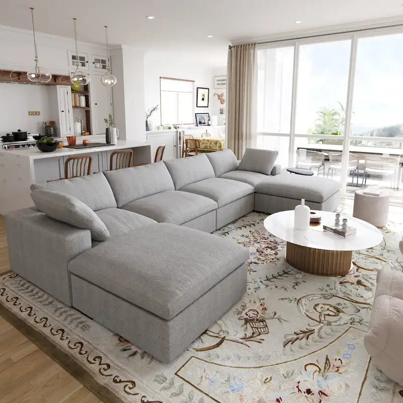 Large U-Shape Linen Reversible Modular Seating Component Sectional with 2 Ottoman