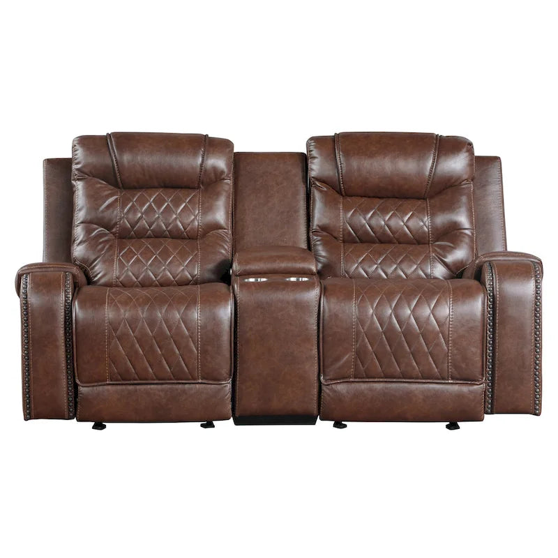 Paul 78 Inch Manual Recliner Loveseat, Cupholder Console Brown Faux Leather