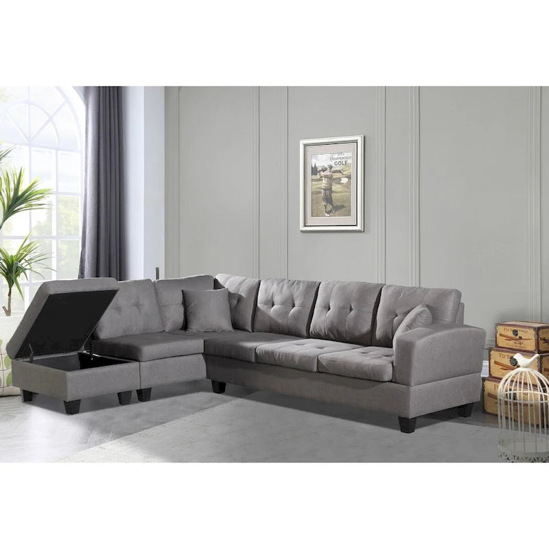 Fabric Left Chaise Sofa Set with Storage Ottoman