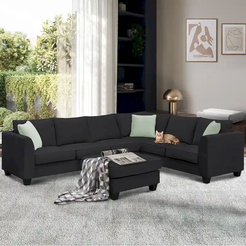 112*87 Sectional Sofa Couche Living Room Sets,7 Seats Sectional Sofa with Ottoman, L Shape Sofa Corner Couch Set with 3 Pillows