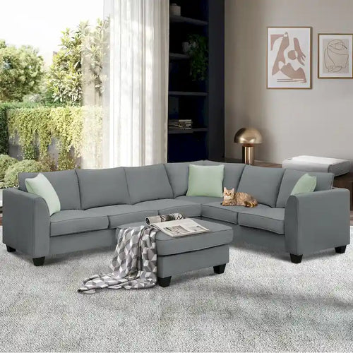 112*87 Sectional Sofa Couche Living Room Sets,7 Seats Sectional Sofa with Ottoman, L Shape Sofa Corner Couch Set with 3 Pillows