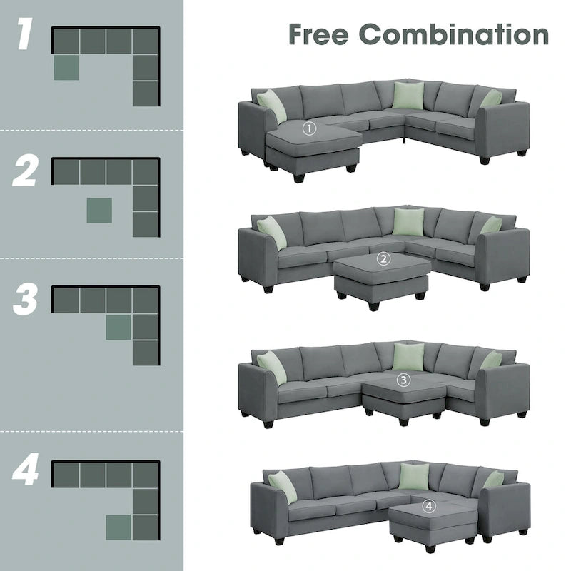 112*87 Sectional Sofa Couche Living Room Sets,7 Seats Sectional Sofa with Ottoman, L Shape Sofa Corner Couch Set with 3 Pillows