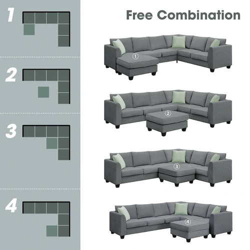 112*87 Sectional Sofa Couche Living Room Sets,7 Seats Sectional Sofa with Ottoman, L Shape Sofa Corner Couch Set with 3 Pillows