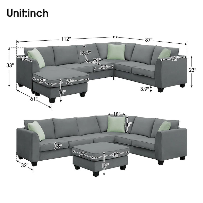 112*87 Sectional Sofa Couche Living Room Sets,7 Seats Sectional Sofa with Ottoman, L Shape Sofa Corner Couch Set with 3 Pillows