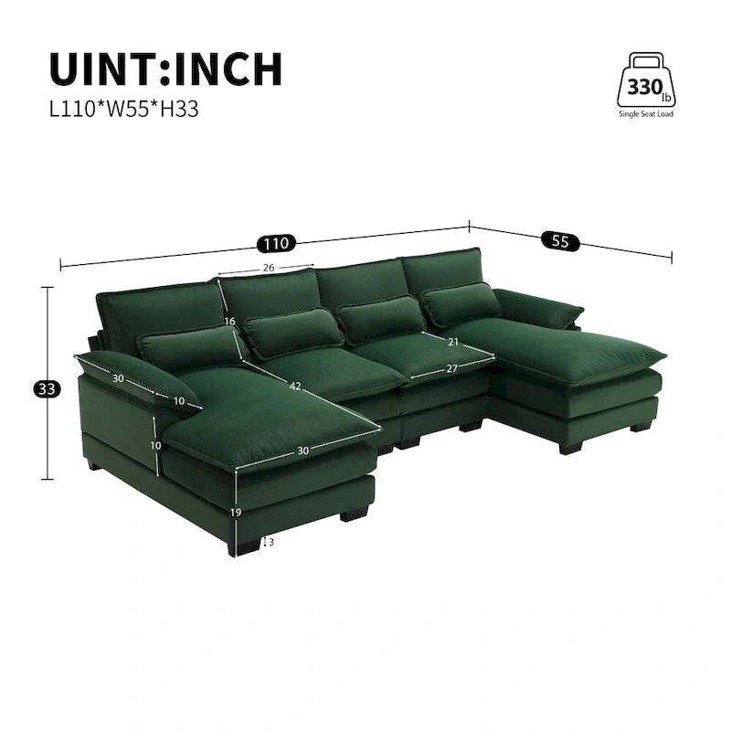 110*55 Modern U-Shaped Sectional Sofa with Waist Pillows,6-Seat Upholstered Symmetrical Sofa Furniture
