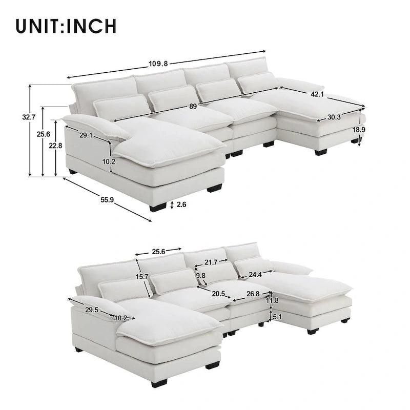 110*55 Modern U-Shaped Sectional Sofa with Waist Pillows,6-Seat Upholstered Symmetrical Sofa Furniture