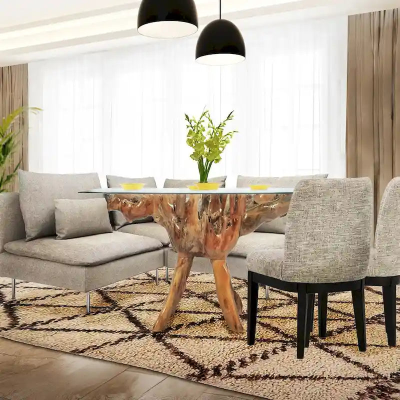 Teak Wood Root Dining Table with 43 inch Square Glass Top