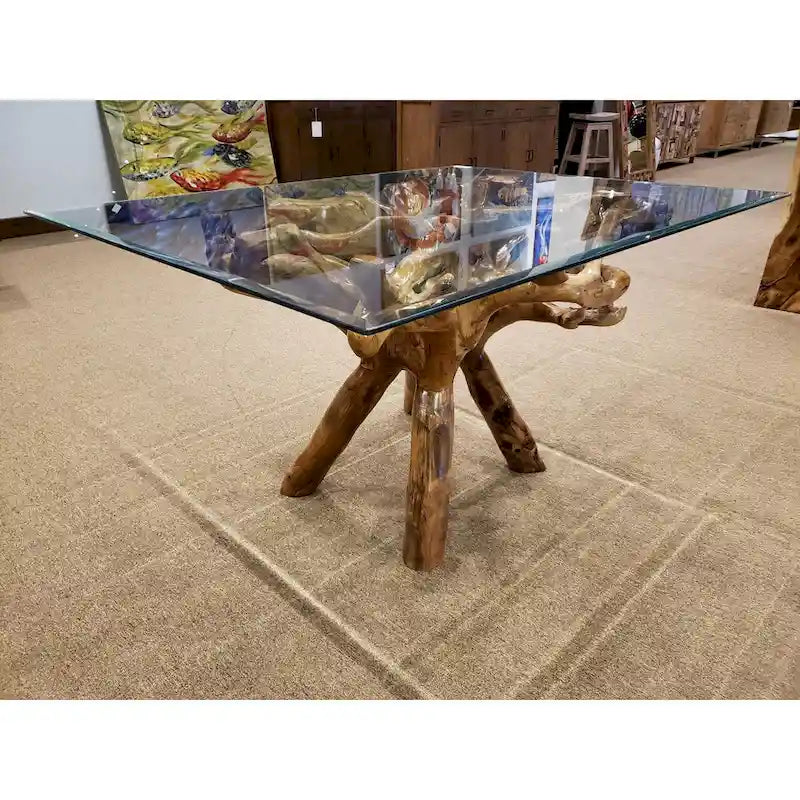 Teak Wood Root Dining Table with 43 inch Square Glass Top