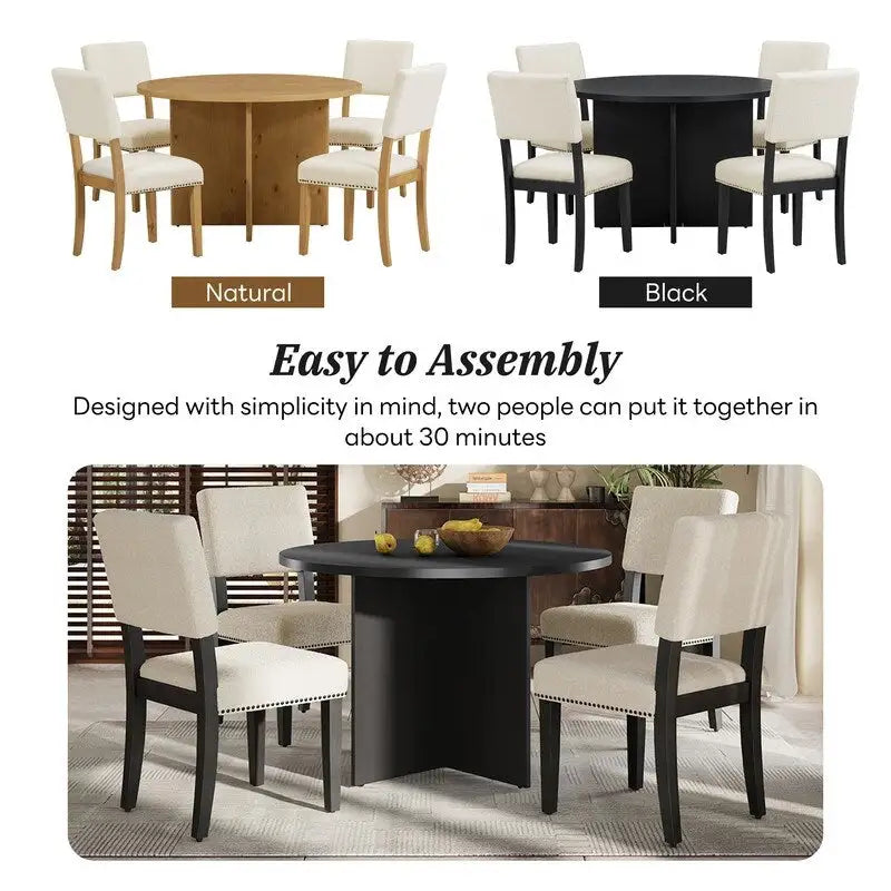 5-Piece Round Dining Table Set Pedestal Kitchen Table Set with 4 Upholstered Dining Chairs for Studio, Apartment, Small Places