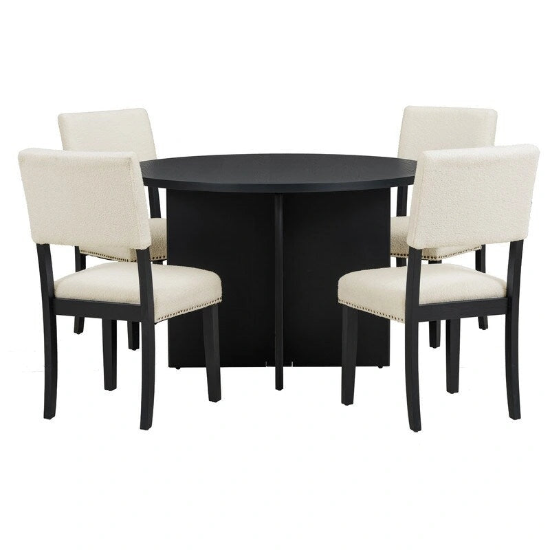 5-Piece Round Dining Table Set Pedestal Kitchen Table Set with 4 Upholstered Dining Chairs for Studio, Apartment, Small Places