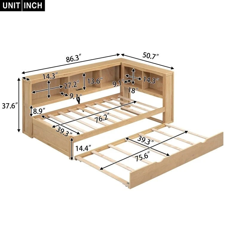 Twin Size Daybed with Trundle, Storage Cabinets and USB Ports