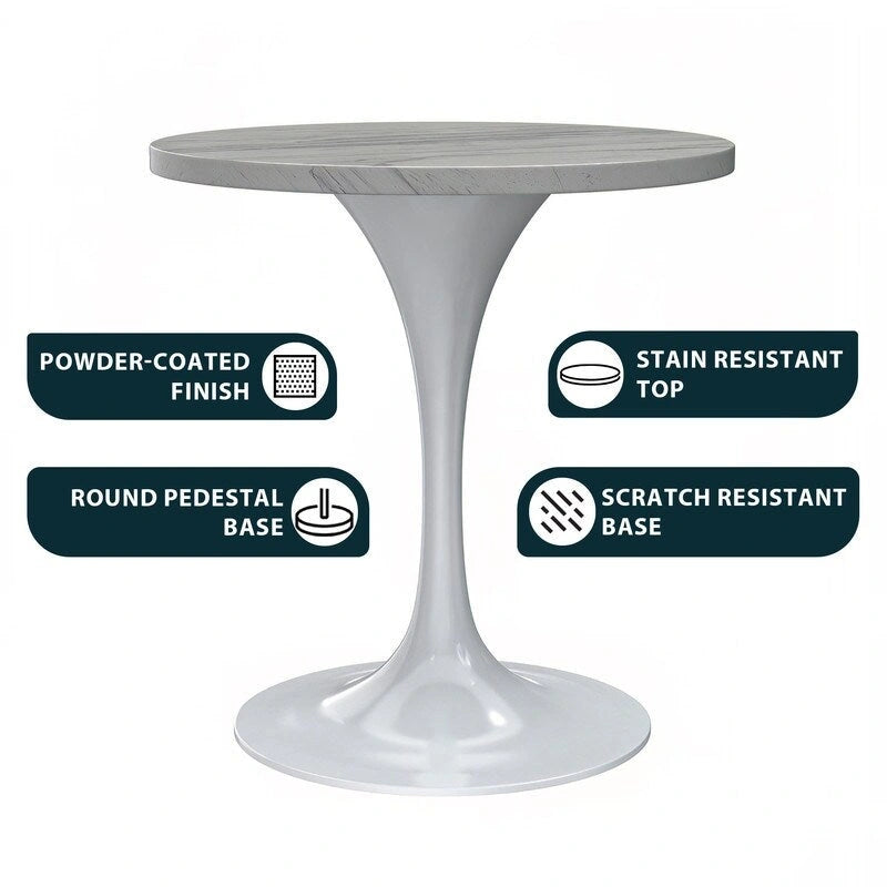 LeisureMod Verve Round Dining Table with White Resin TableTop and White Steel Base for Kitchen & Dining Room