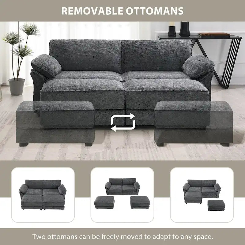 4 Seat Upholstered Free Combination Modular Convertible Sectional Sofa Bed Set, Deep-Seat,Ottoman,Grey