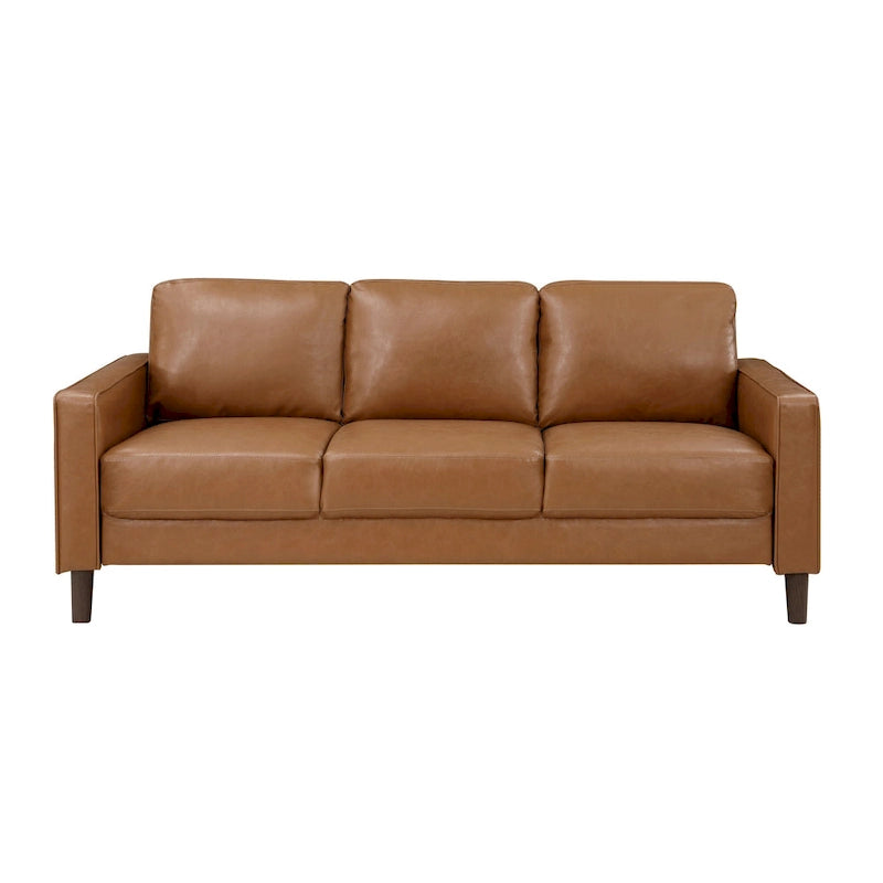 Stark 77 Inch Sofa, Brown Faux Leather, Track Style Arms, Solid Wood Frame