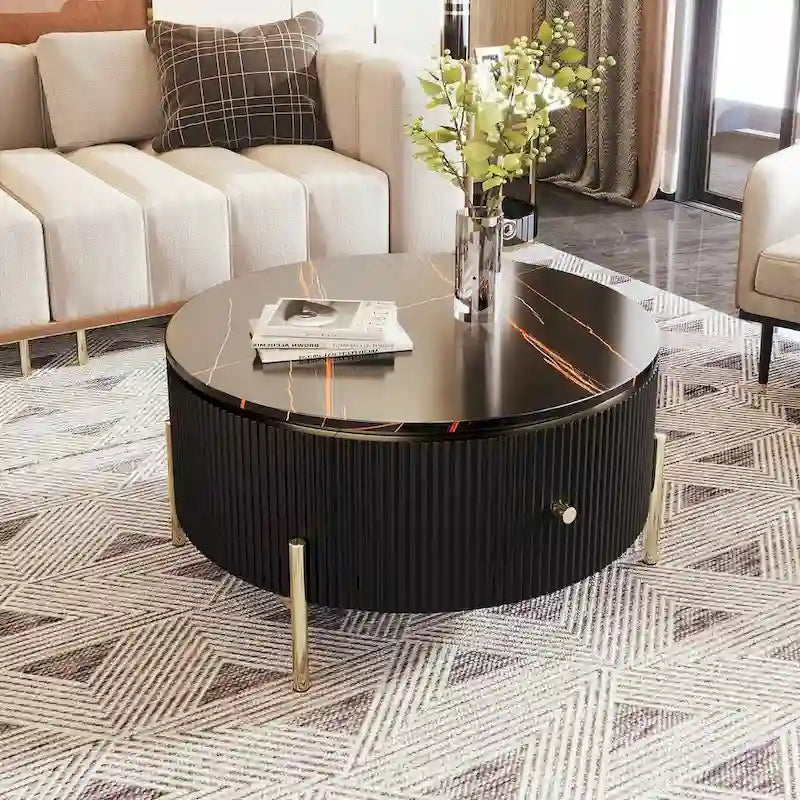 Modern Round Coffee Table with 2 Large Drawers Storage Accent Table with Marble-patterned Tabletop
