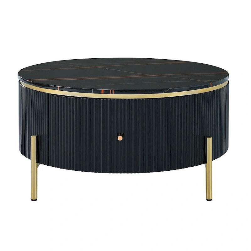 Modern Round Coffee Table with 2 Large Drawers Storage Accent Table with Marble-patterned Tabletop
