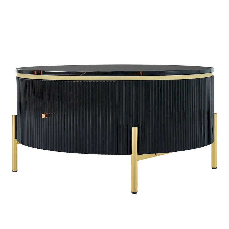 Modern Round Coffee Table with 2 Large Drawers Storage Accent Table with Marble-patterned Tabletop
