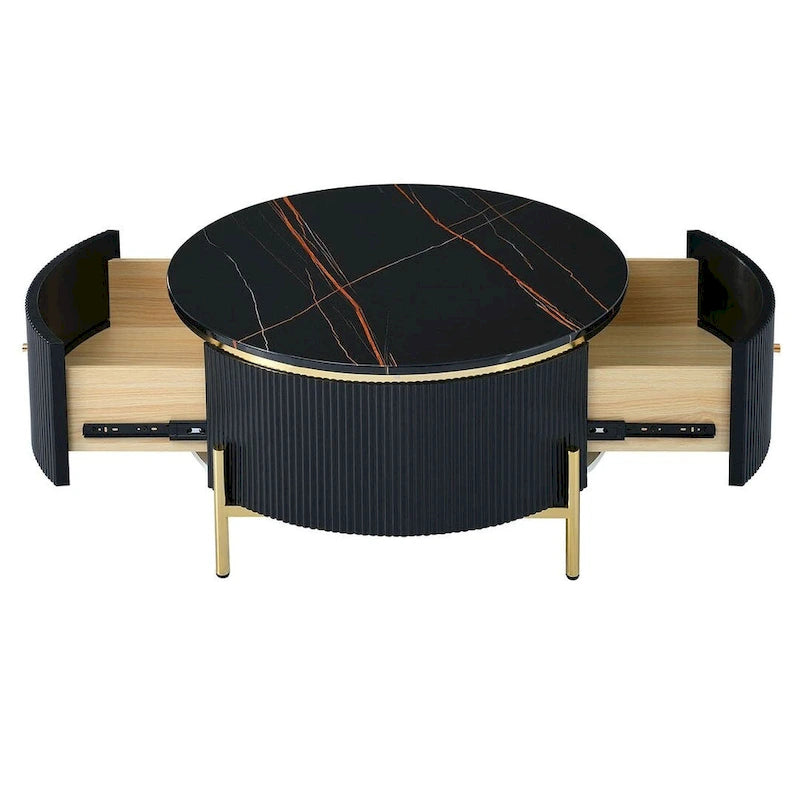 Modern Round Coffee Table with 2 Large Drawers Storage Accent Table with Marble-patterned Tabletop