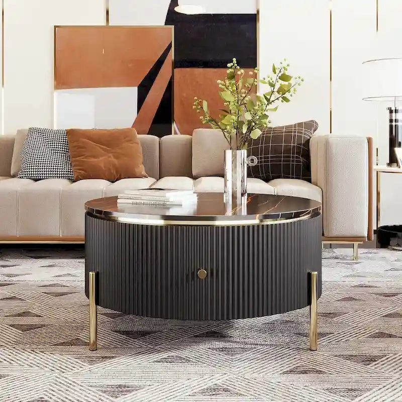 Modern Round Coffee Table with 2 Large Drawers Storage Accent Table with Marble-patterned Tabletop