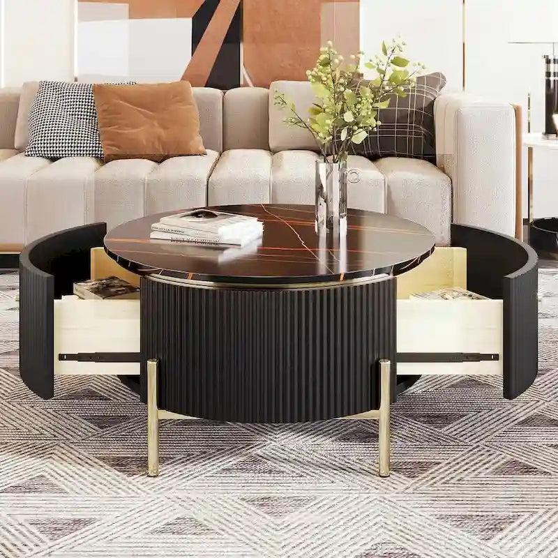 Modern Round Coffee Table with 2 Large Drawers Storage Accent Table with Marble-patterned Tabletop