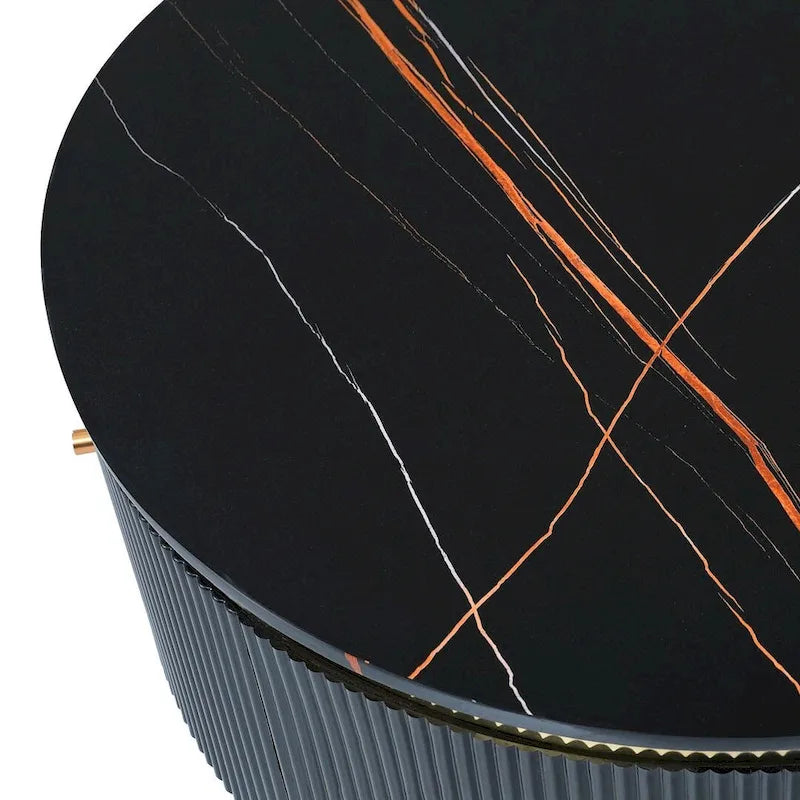 Modern Round Coffee Table with 2 Large Drawers Storage Accent Table with Marble-patterned Tabletop