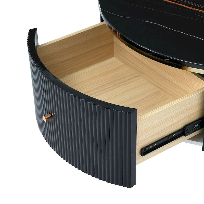 Modern Round Coffee Table with 2 Large Drawers Storage Accent Table with Marble-patterned Tabletop