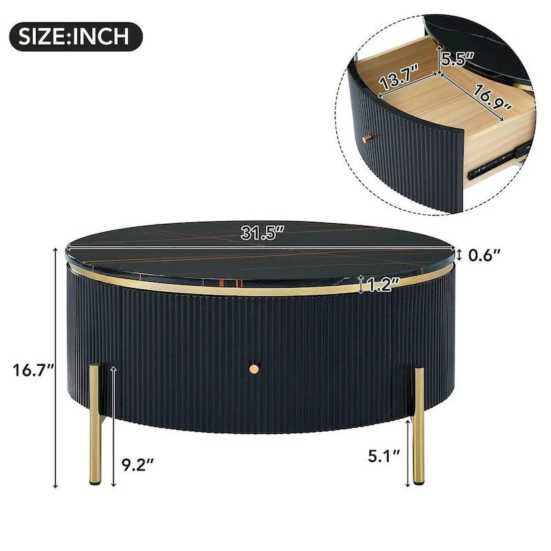 Modern Round Coffee Table with 2 Large Drawers Storage Accent Table with Marble-patterned Tabletop