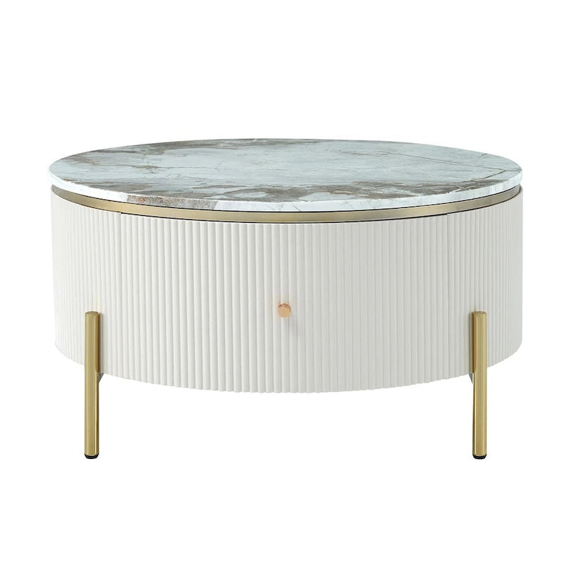 Modern Round Coffee Table with 2 Large Drawers Storage Accent Table with Marble-patterned Tabletop