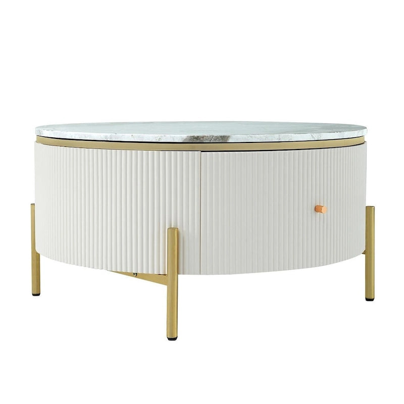 Modern Round Coffee Table with 2 Large Drawers Storage Accent Table with Marble-patterned Tabletop