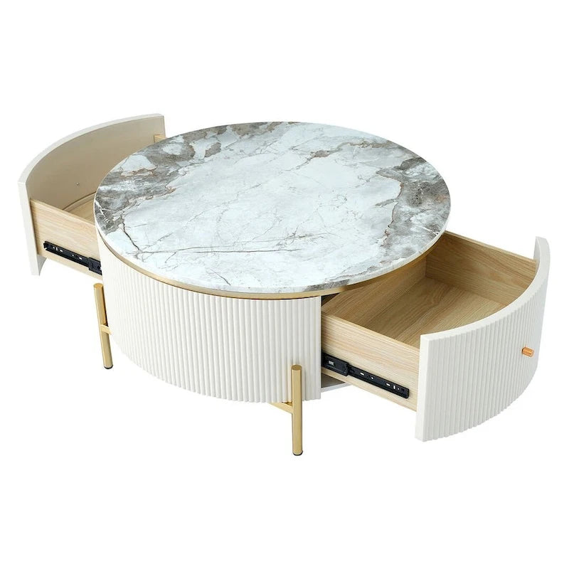 Modern Round Coffee Table with 2 Large Drawers Storage Accent Table with Marble-patterned Tabletop