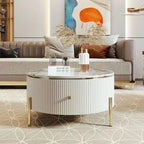 Modern Round Coffee Table with 2 Large Drawers Storage Accent Table with Marble-patterned Tabletop