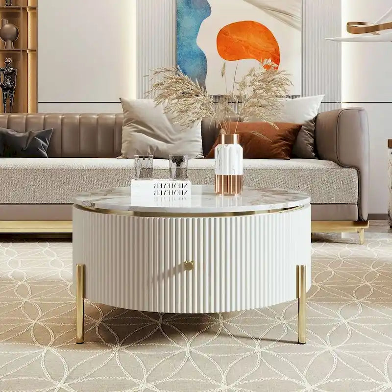Modern Round Coffee Table with 2 Large Drawers Storage Accent Table with Marble-patterned Tabletop