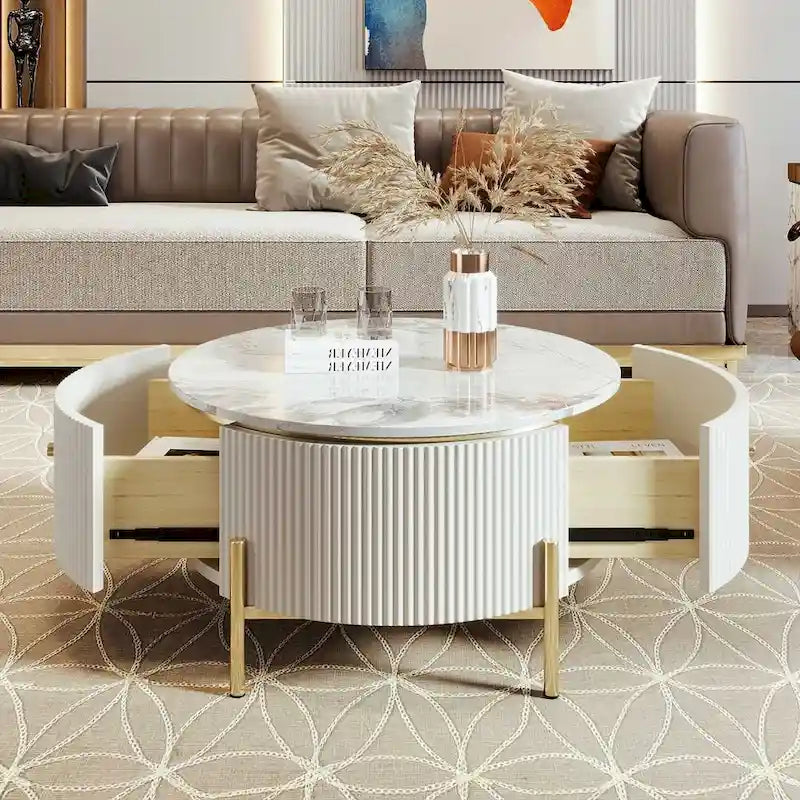 Modern Round Coffee Table with 2 Large Drawers Storage Accent Table with Marble-patterned Tabletop