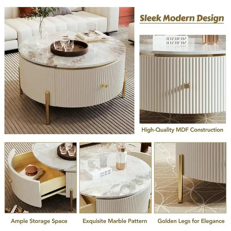 Modern Round Coffee Table with 2 Large Drawers Storage Accent Table with Marble-patterned Tabletop