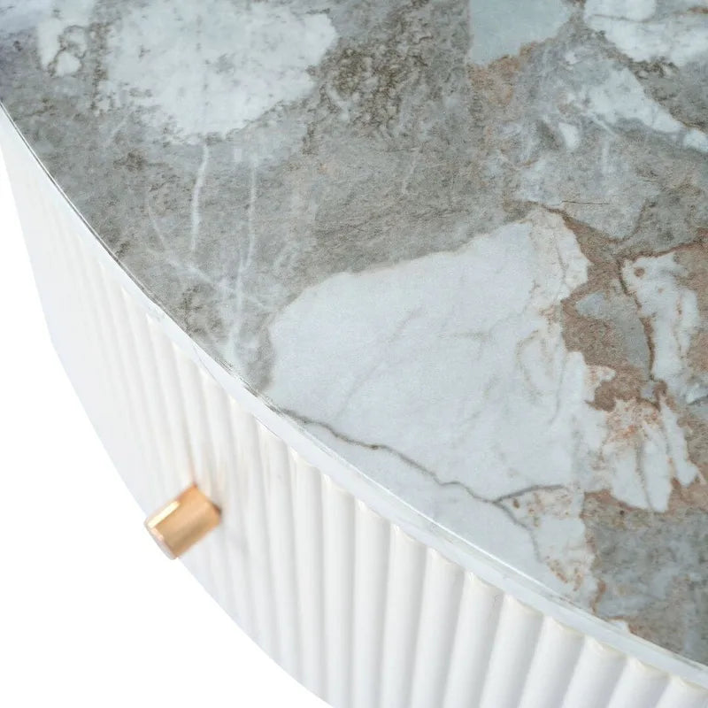 Modern Round Coffee Table with 2 Large Drawers Storage Accent Table with Marble-patterned Tabletop
