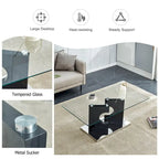 A rectangular modern coffee table with tempered glass tabletop and wooden color MDF legs. Suitable for living room.