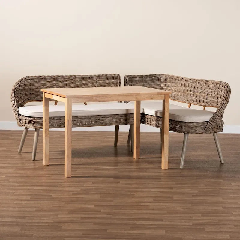 Raisa Modern Bohemian Natural Kubu Rattan Bench and Wood Table Dining Nook Set