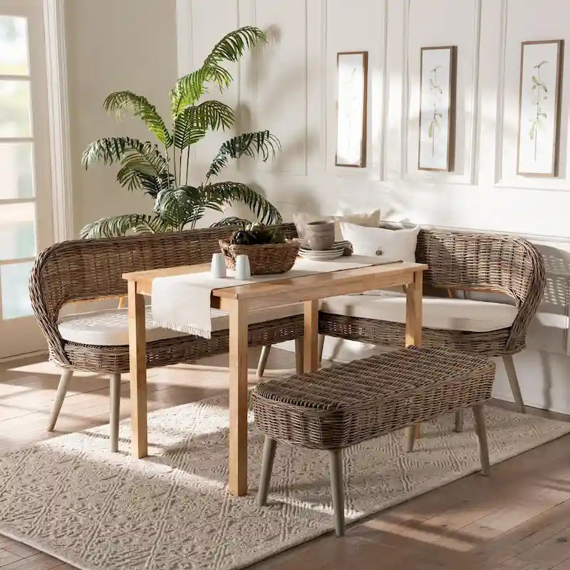 Raisa Modern Bohemian Natural Kubu Rattan Bench and Wood Table Dining Nook Set