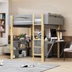 Wood Loft Bed With Built-in Storage Cabinet, Cubes and Foldable desk