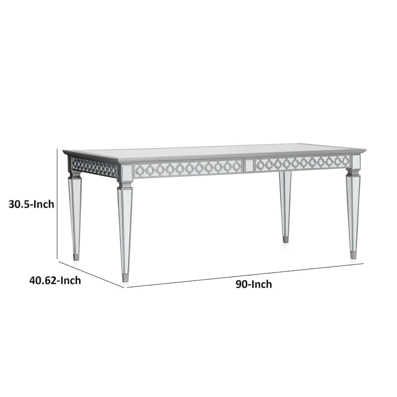 Ada 72-90 Inch Dining Table, Extendable Rectangular Top, Mirrored, Silver