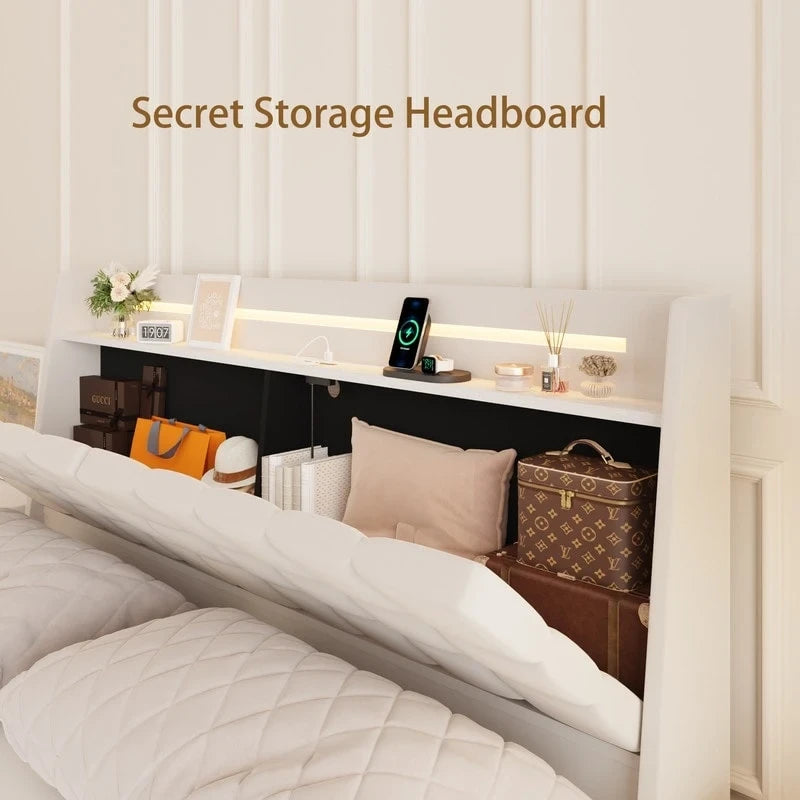 King Size Upholstered Floating Platform Bed with LED Light and Charging Station