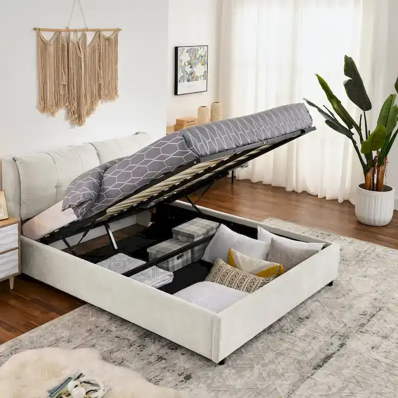 Queen Size Storage Upholstered Hydraulic Platform Bed with Integrated Headboard, Chenille Fabric, Gray