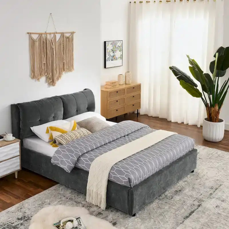 Queen Size Storage Upholstered Hydraulic Platform Bed with Integrated Headboard, Chenille Fabric, Gray