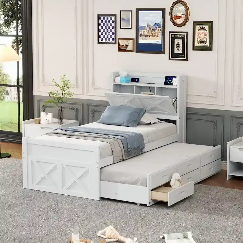 Storage Wooden Bed with Twin Size Trundle and Three Storage Drawers