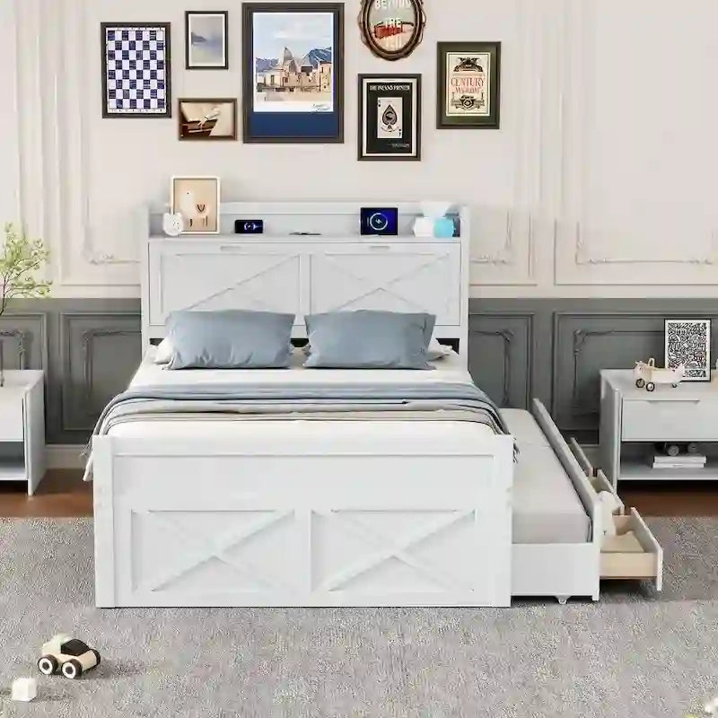 Storage Wooden Bed with Twin Size Trundle and Three Storage Drawers